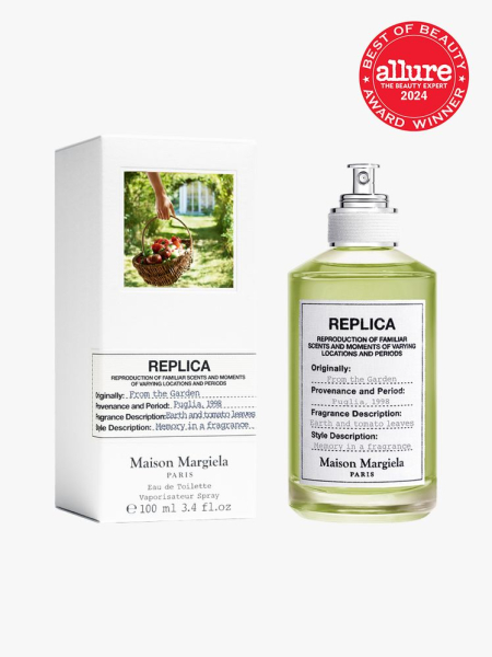 Maison Margiela Fragrances Replica From the Garden Eau de Toilette bottle component with silver accents on a light gray background with red Allure Best of Beauty seal in the top right corner